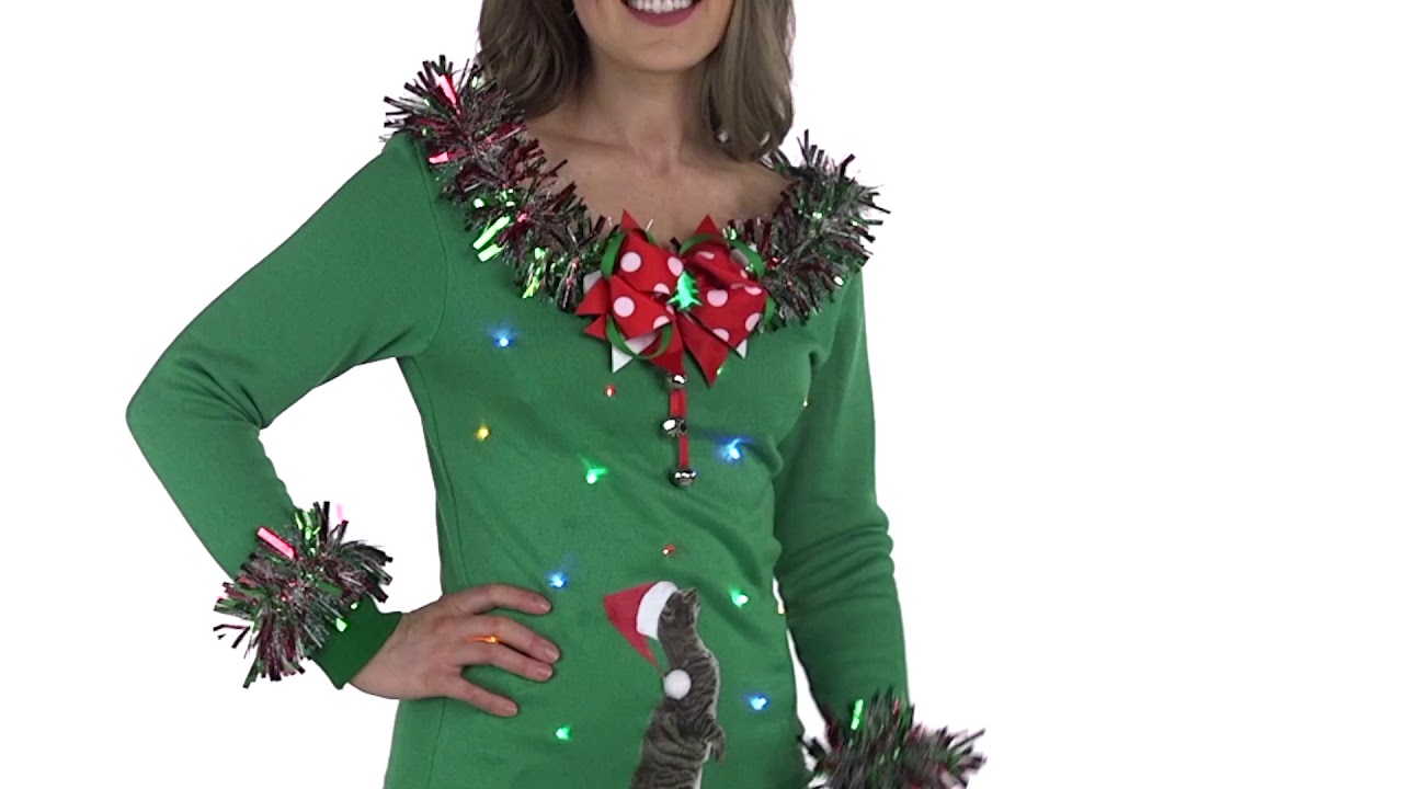 Ugly Cat Sweater - Womens holiday cat sweater with lights www.TheUglyHolidays.com