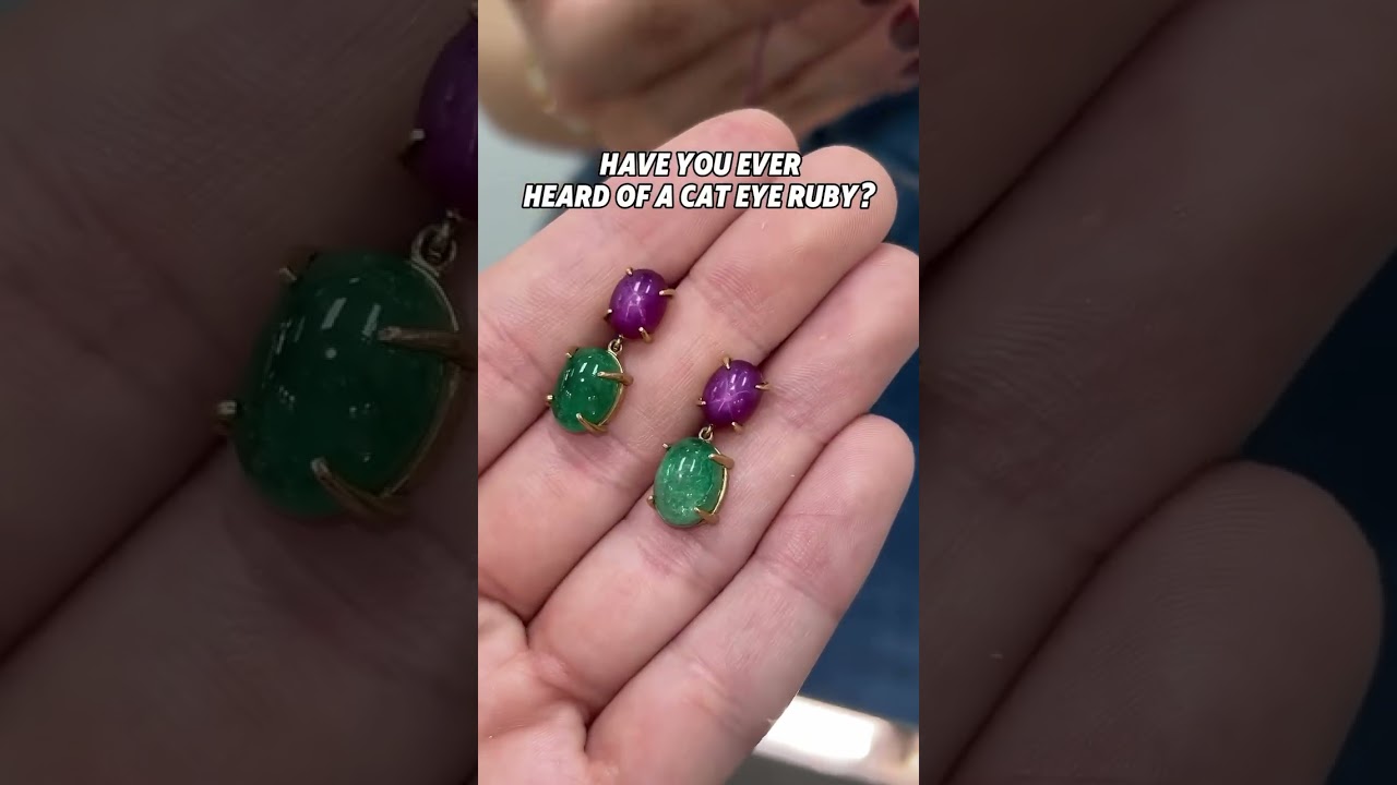 13.82tcw 18K Natural Dark Green Emerald Cabochon & 6-Ray Star Ruby Dangle Big Statement Earrings