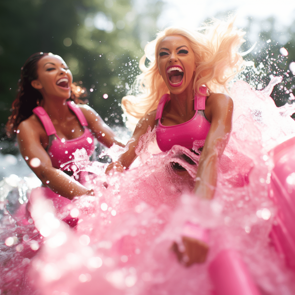 real female fitness barbies laughing in water spout